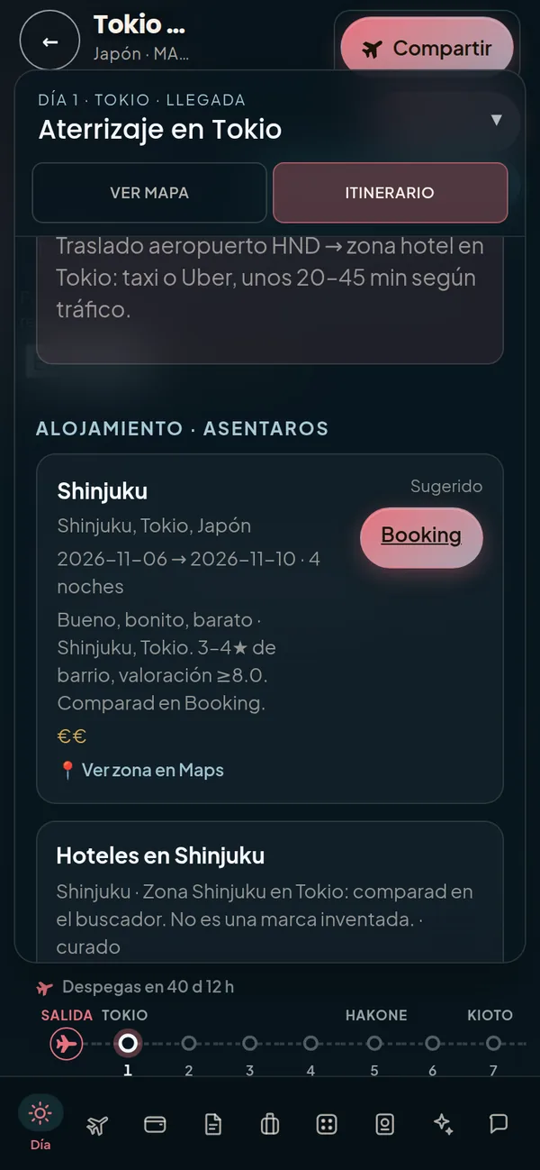 Alojamiento sugerido en Shinjuku con fechas, noches y enlace de reserva