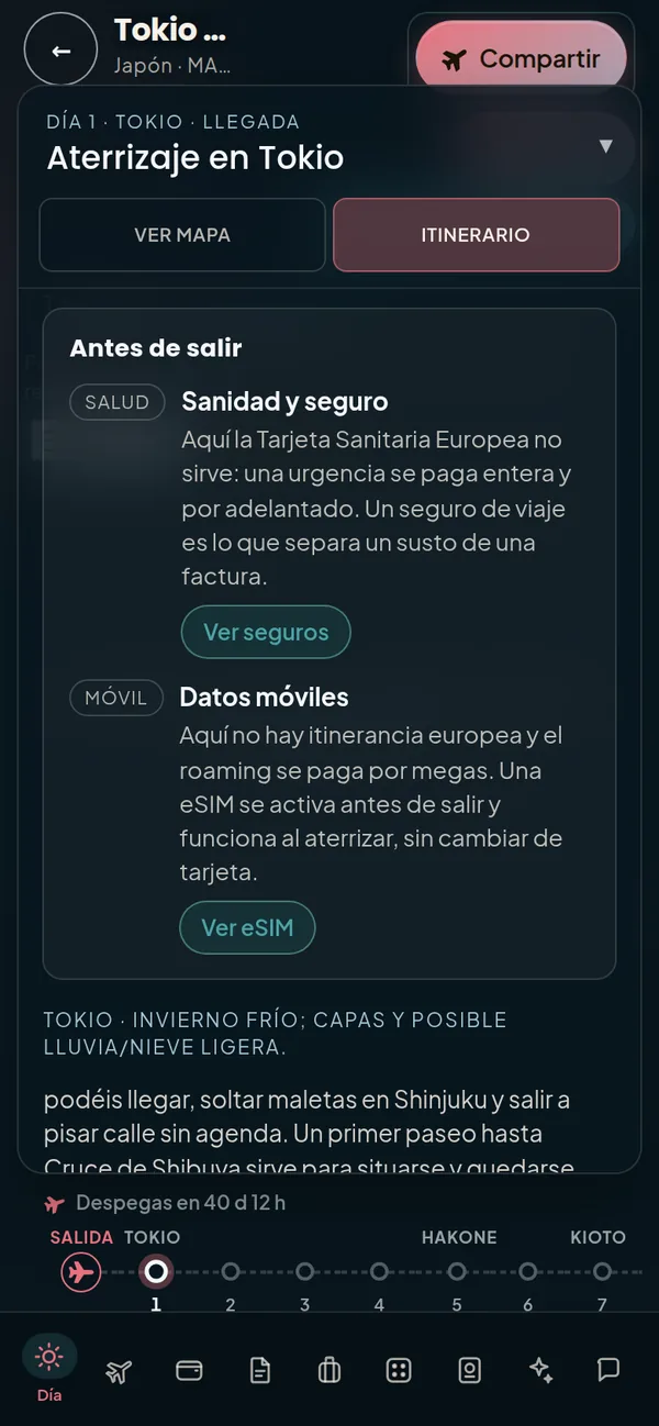 Itinerario con la sección Antes de salir: sanidad y seguro, datos móviles