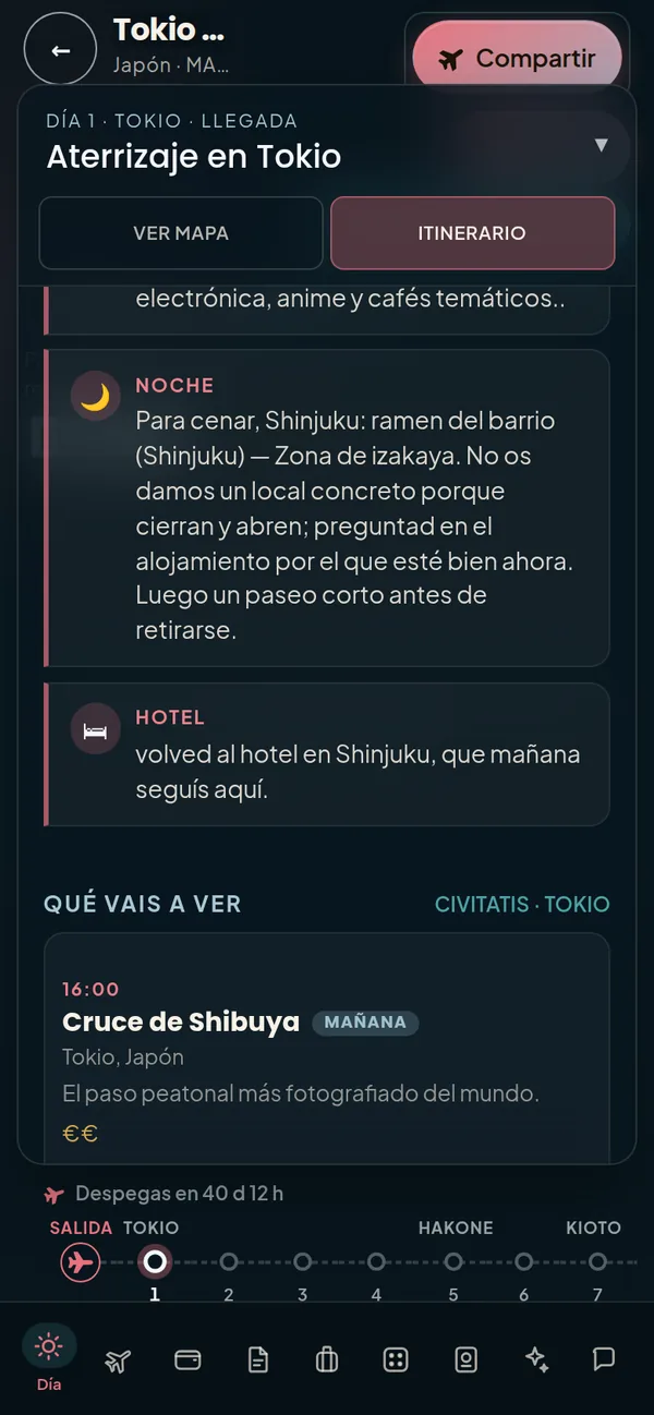 Itinerario del día en la app: noche, hotel y qué ver en Tokio