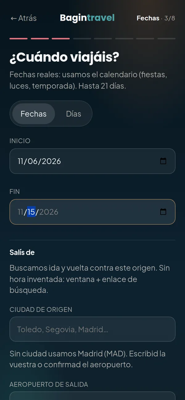 Paso de fechas con inicio, fin y ciudad de origen