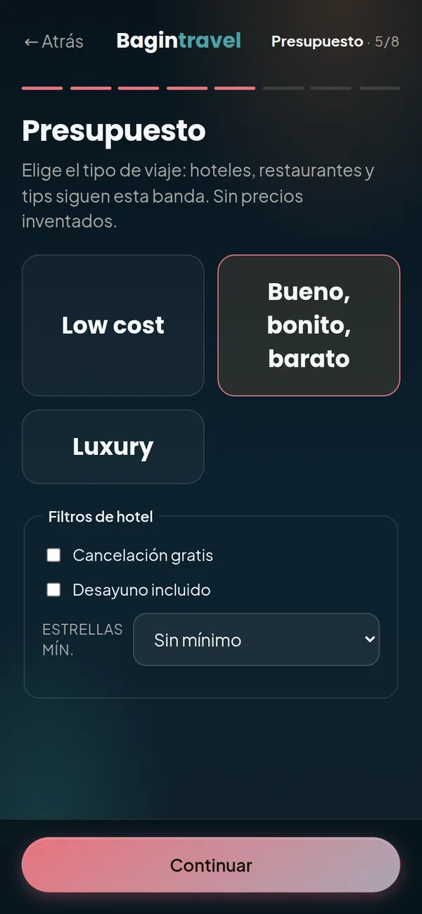 Paso de presupuesto con filtros de hotel
